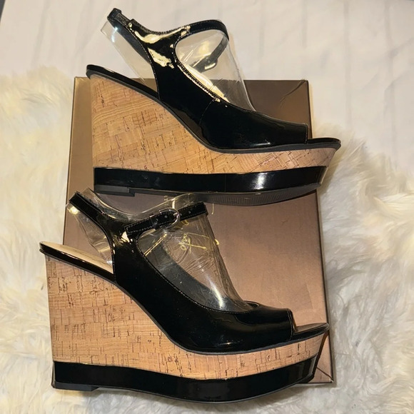 Franco Sarto Safari Black Patent Heels Peep Toe 9.5M Cork Wedges Slingback - Picture 2 of 8